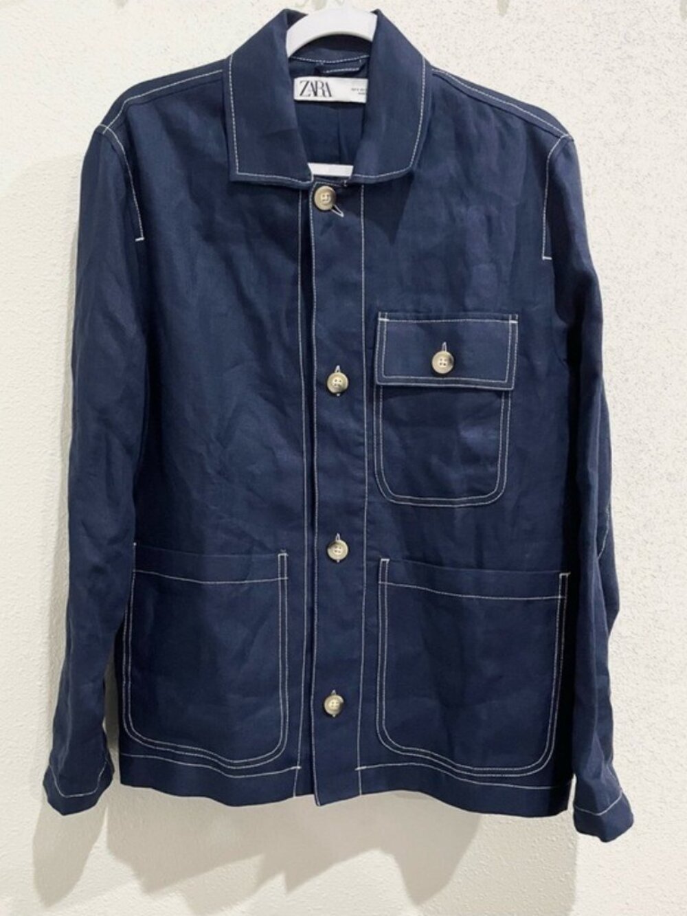 Zara Linen Chore Work Shirt Jacket Oversized Blue Utility Button